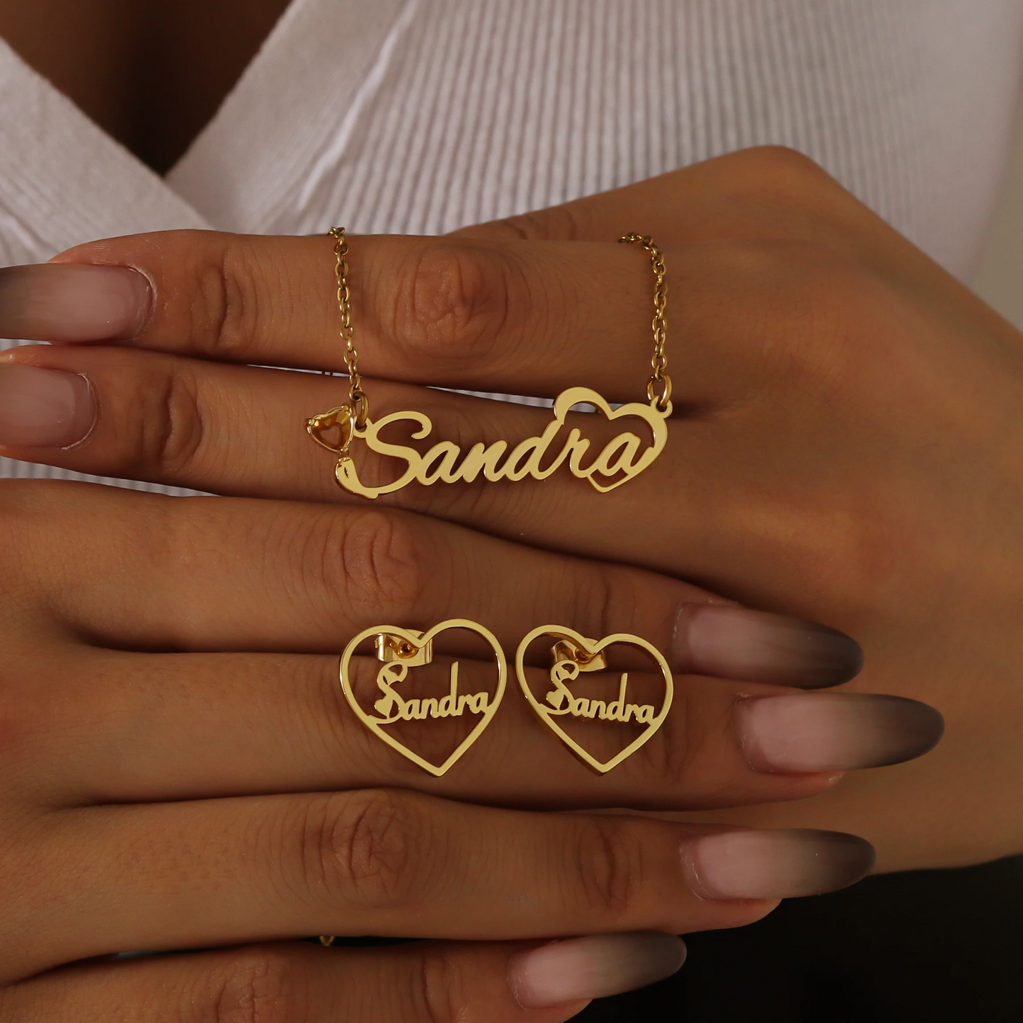 Birthstone Name Necklace & Heart Earrings Set