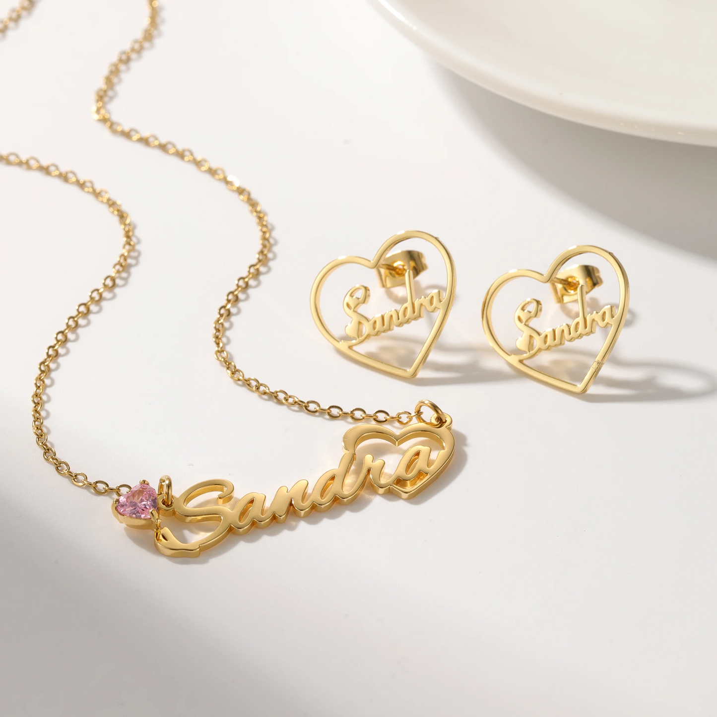 Birthstone Name Necklace & Heart Earrings Set