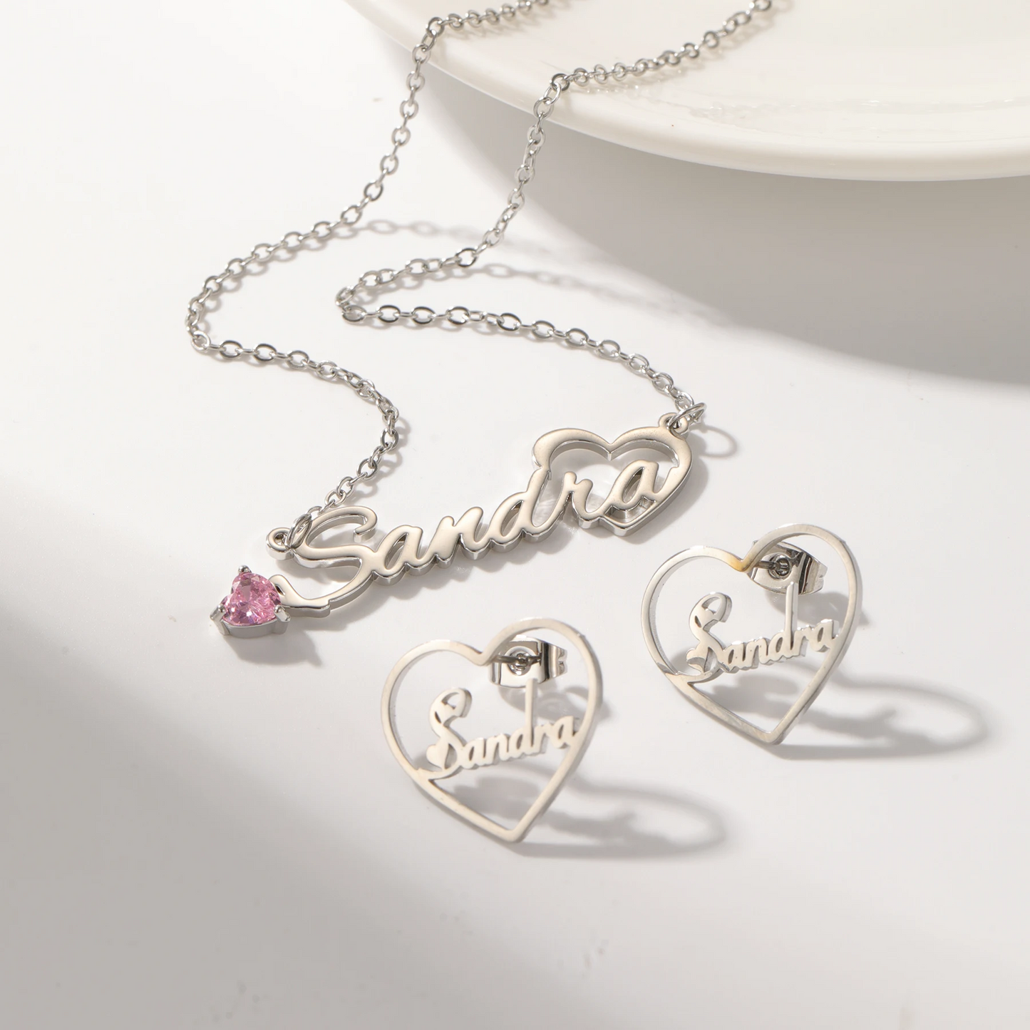 Birthstone Name Necklace & Heart Earrings Set