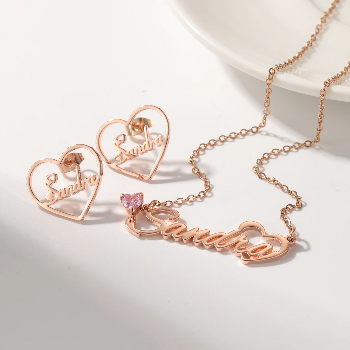 Birthstone Name Necklace & Heart Earrings Set