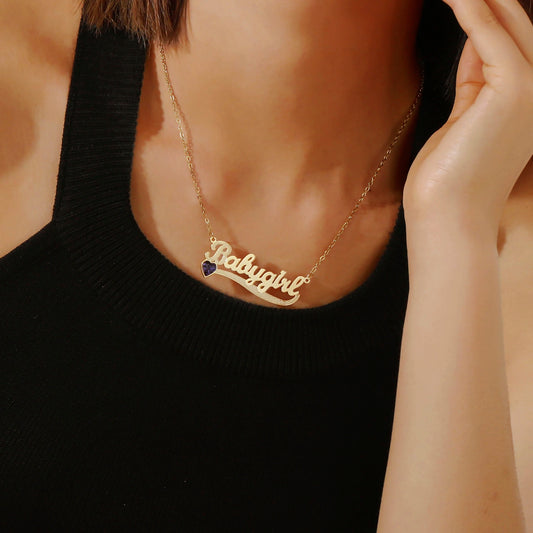 Classic Nameplate Necklace with Heart Birthstone