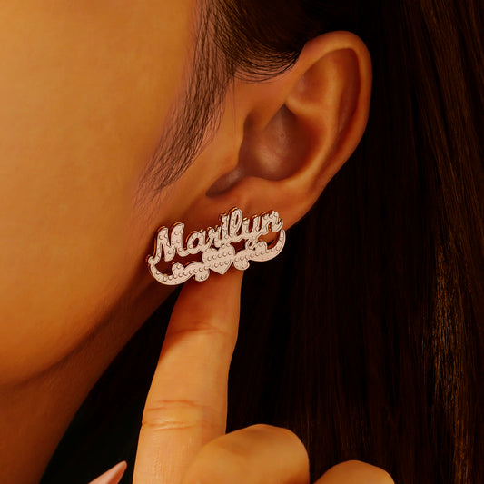 Double Plated Name Stud Earrings with Heart Scroll