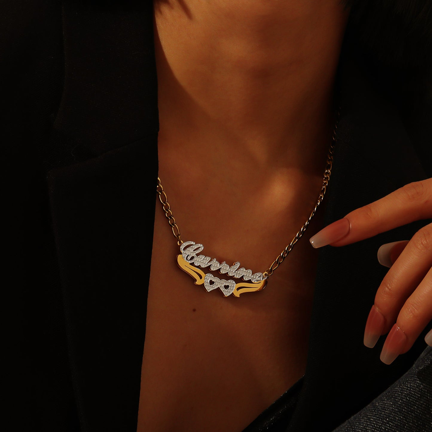Double Plated Name Necklace with Heart Accents