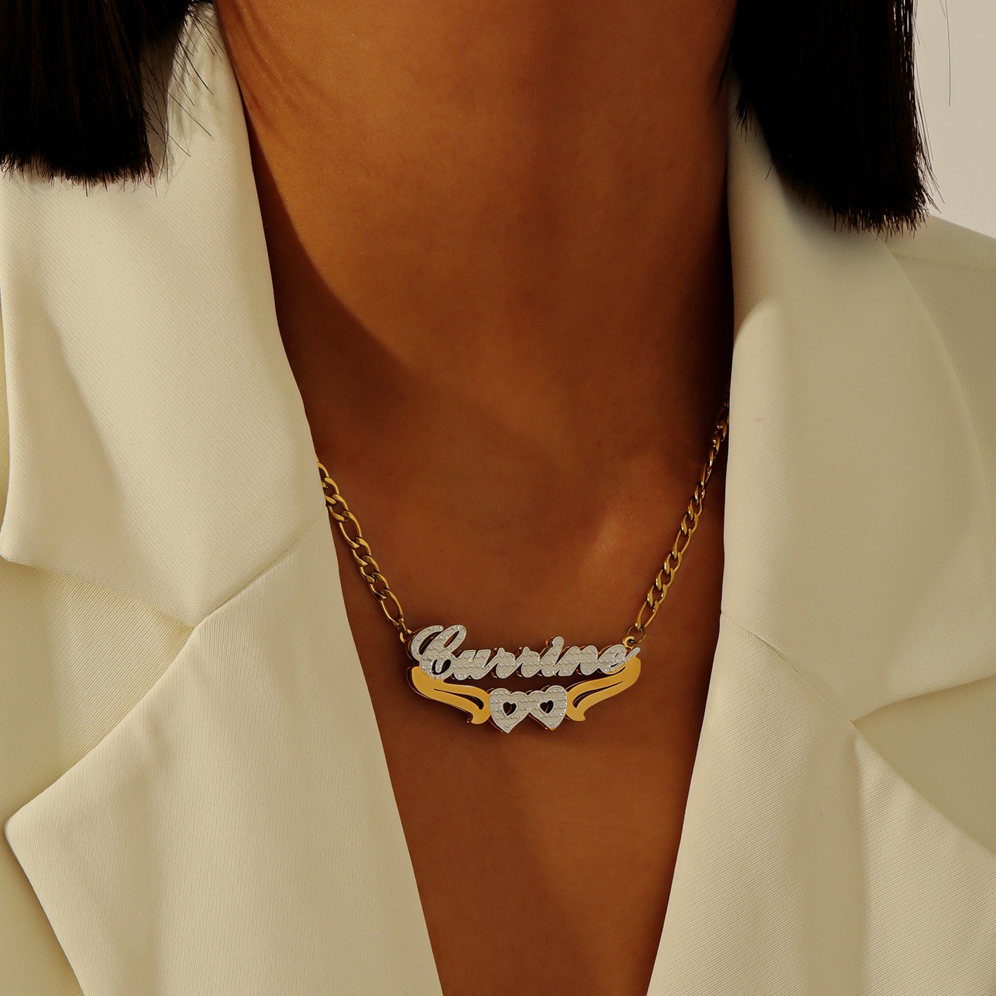 Double Plated Name Necklace with Heart Accents