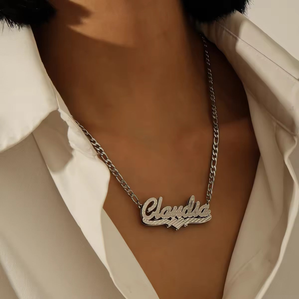 Double Plated Name Necklace w/ Engraved Stripes