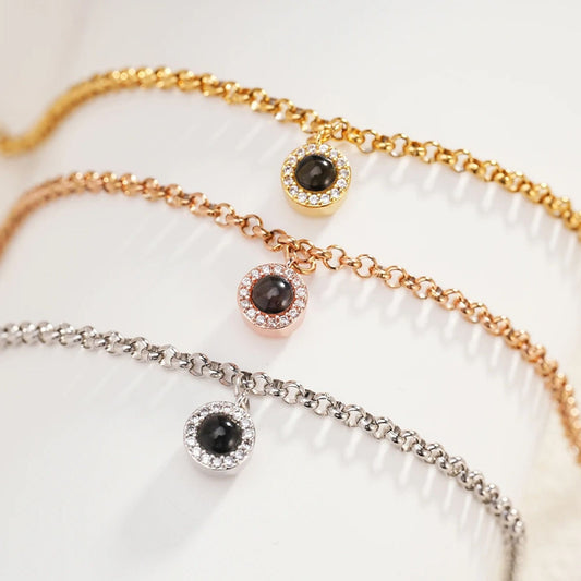 Photo Projection Bracelet: Cubic Zirconia Charm, Stainless Steel, Personalized Memorial Jewelry