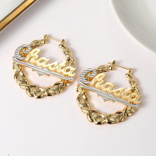 Custom Name Bamboo Hoop Earrings: 18K Gold Plated XOXO