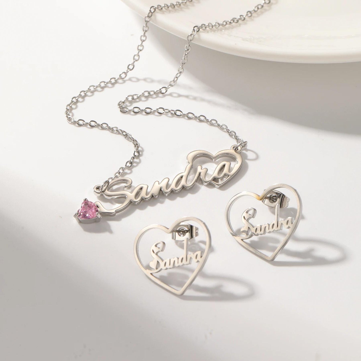 Personalized Birthstone Name Necklace & Heart Earrings Set: 18K Gold Plated
