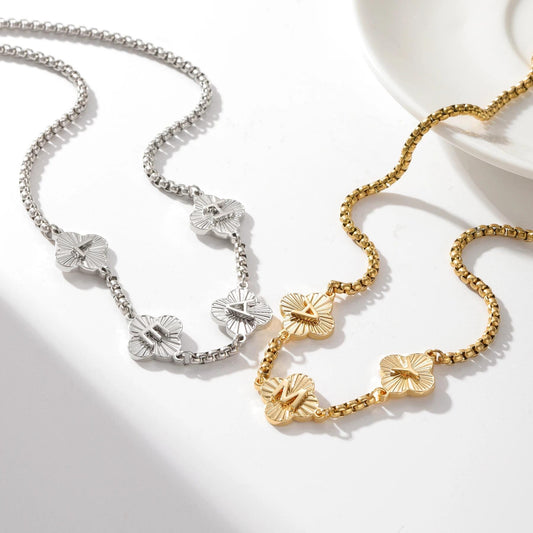 Engraved Clover Initial Necklace: Waterproof Personalized Charm