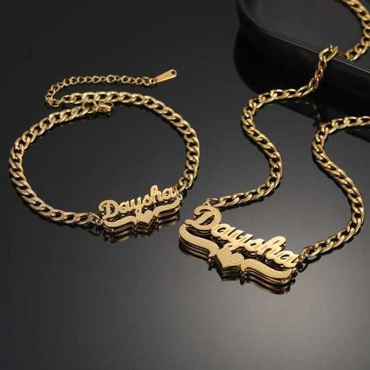 Custom Diamond-Cut Name Necklace & Bracelet Set: 18K Gold Plated Cuban Link