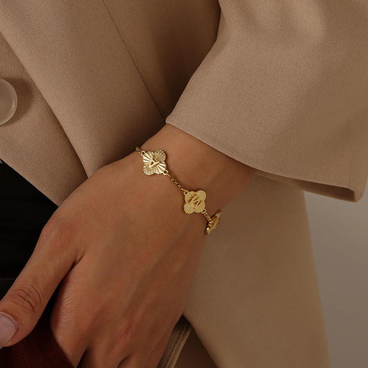 Engraved Clover Initial Bracelet: Waterproof Stainless Steel, Adjustable
