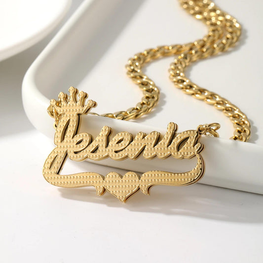 Custom Double Plated Name Necklace: Crown & Heart Cuban Link