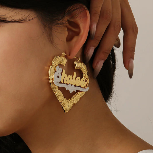 Personalized Heart Bamboo Hoop Earrings: 18K Gold Plated Stainless Steel