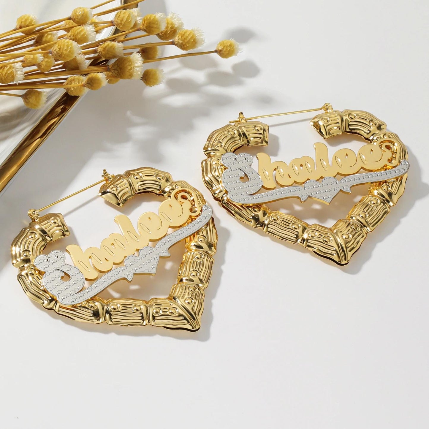 Personalized Heart Bamboo Hoop Earrings: 18K Gold Plated Stainless Steel