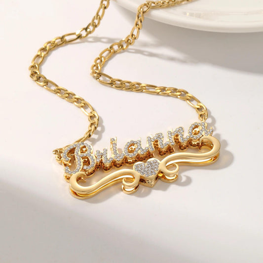 Custom CZ Name Necklace: Double Plated Gold Figaro Chain