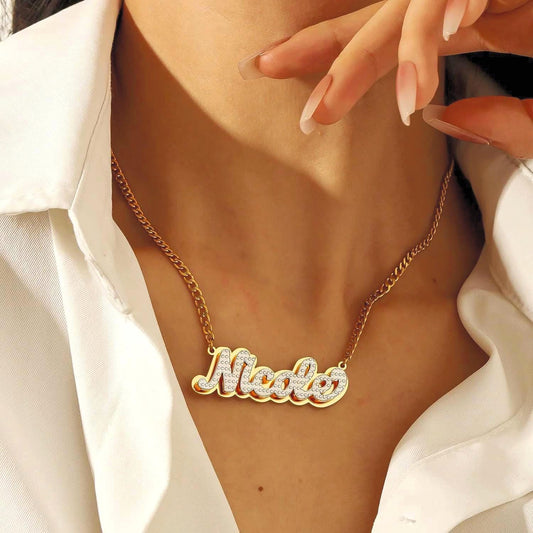 Custom Name Necklace: Textured Nameplate, Double Plated, Waterproof Jewelry