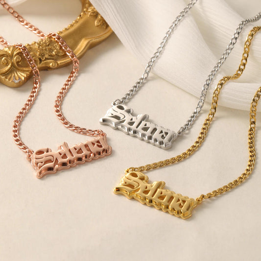 Custom Old English Name Necklace: Double Plated Cuban Link Pendant
