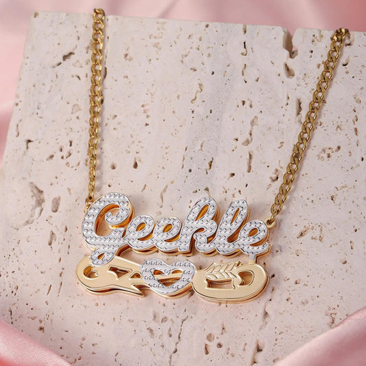 Two-Tone Cupid Name Necklace: Double Plated Figaro Chain, Custom Jewelry