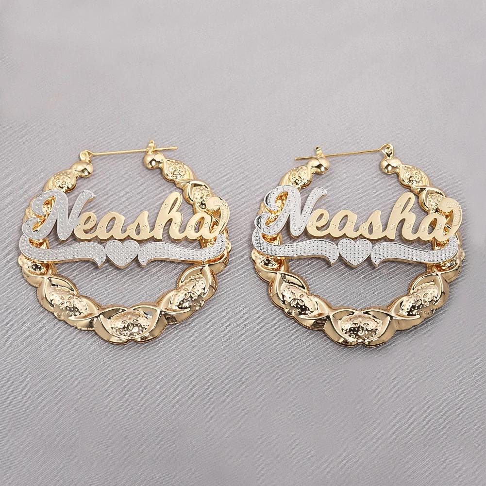 Custom Name Bamboo Hoop Earrings: 18K Gold Plated XOXO