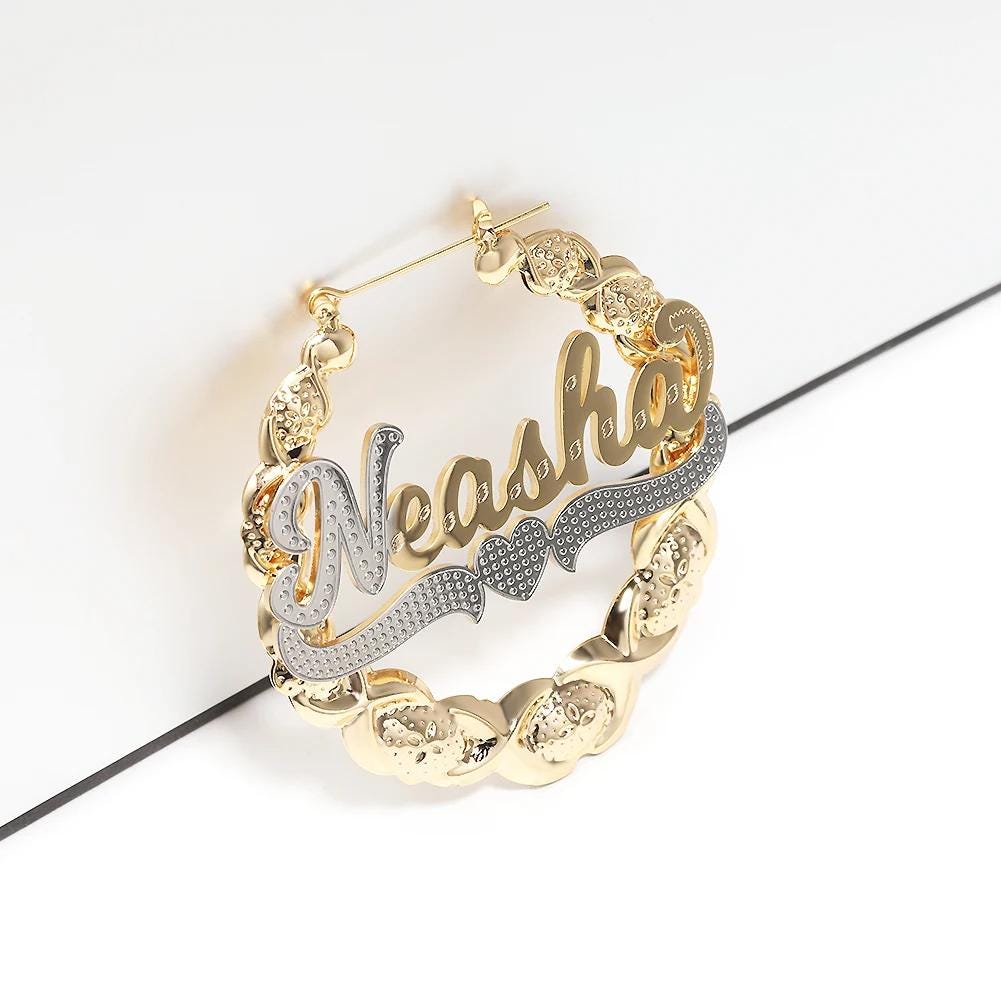 Custom Name Bamboo Hoop Earrings: 18K Gold Plated XOXO