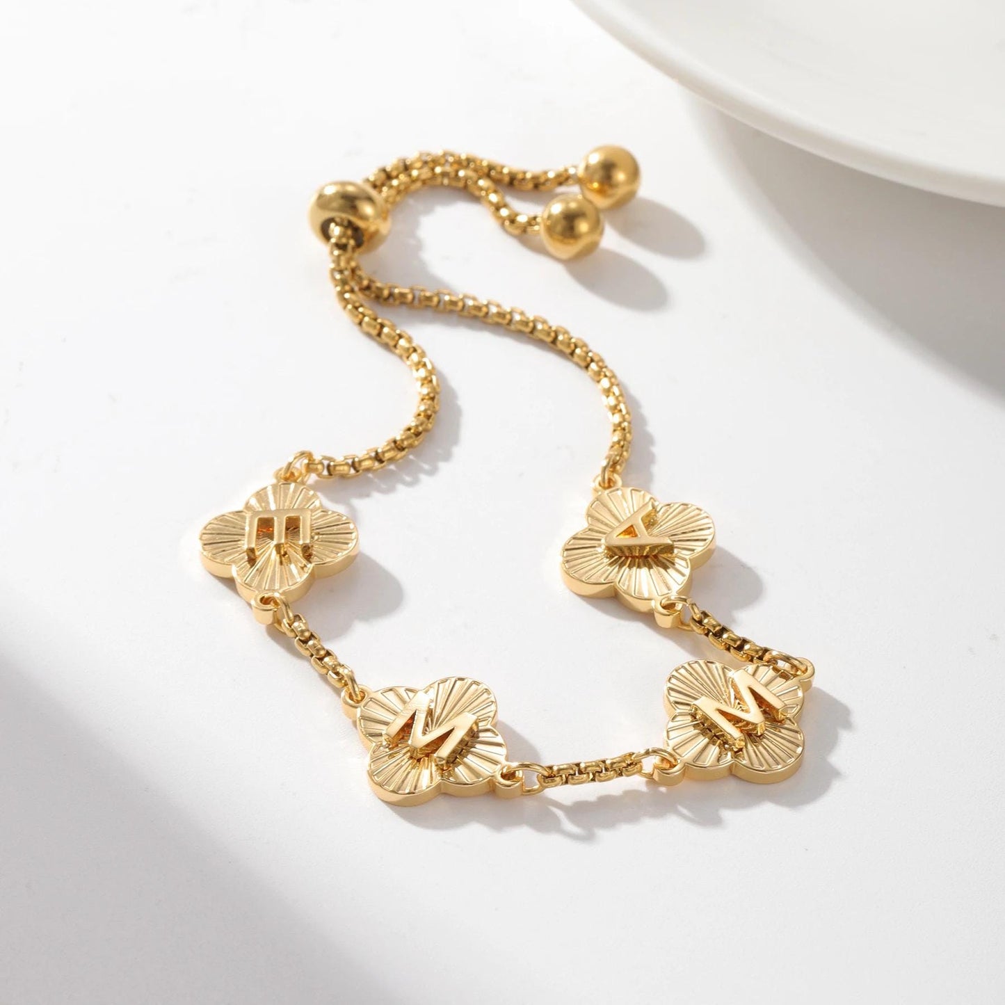 Engraved Clover Initial Bracelet: Waterproof Stainless Steel, Adjustable