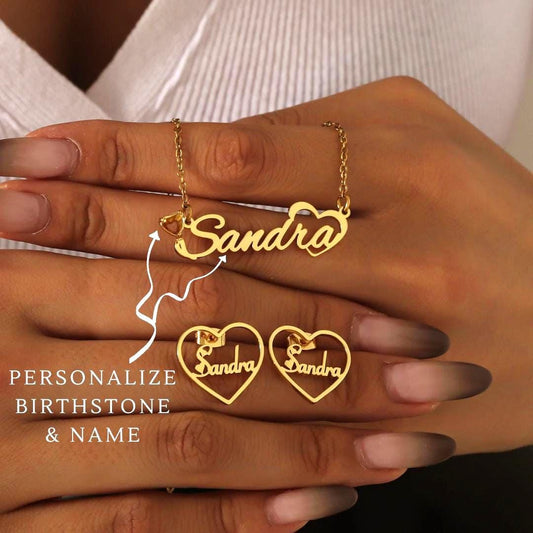Personalized Birthstone Name Necklace & Heart Earrings Set: 18K Gold Plated