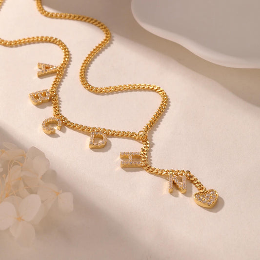 Gold Initial Lariat Necklace: Custom Cubic Zirconia Heart Pendant