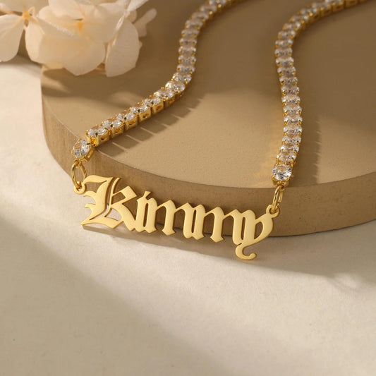 Custom Old English Name Necklace: CZ Tennis Chain, Waterproof