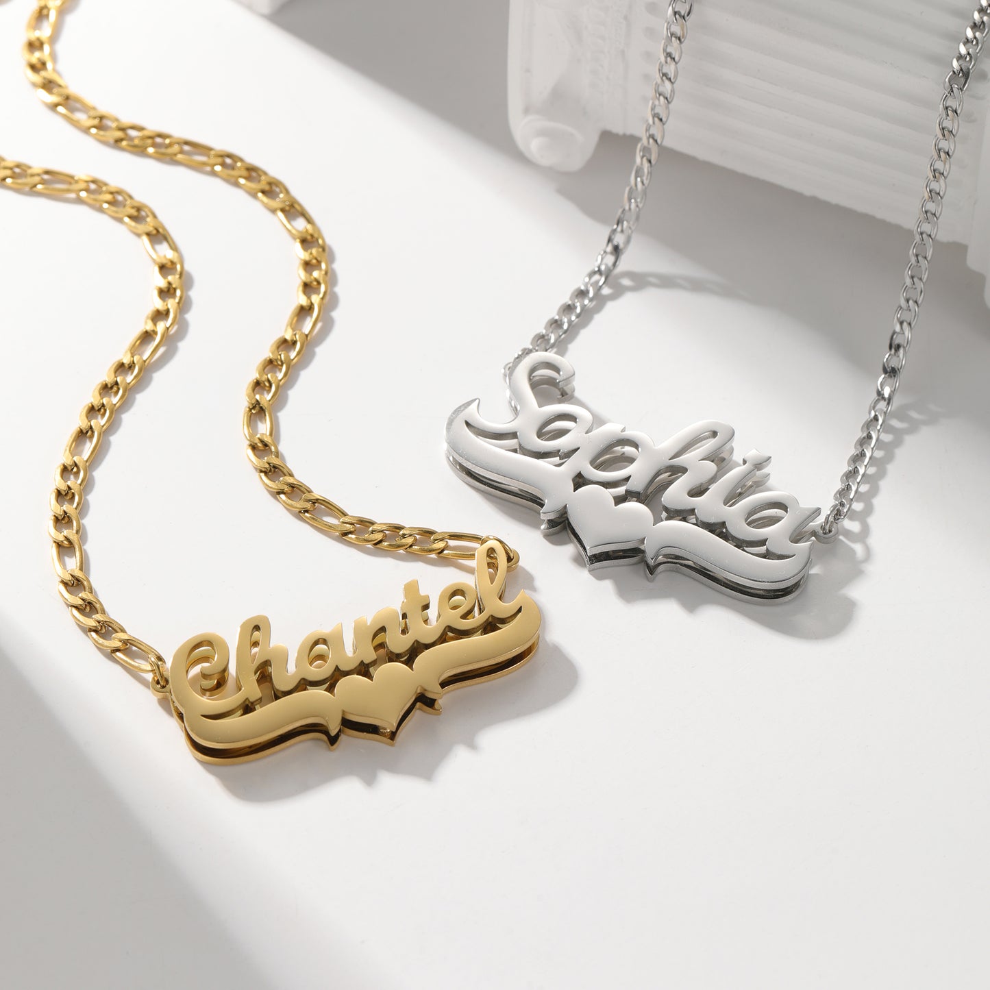 Double Plated Script Name Necklace w/ Heart Accent