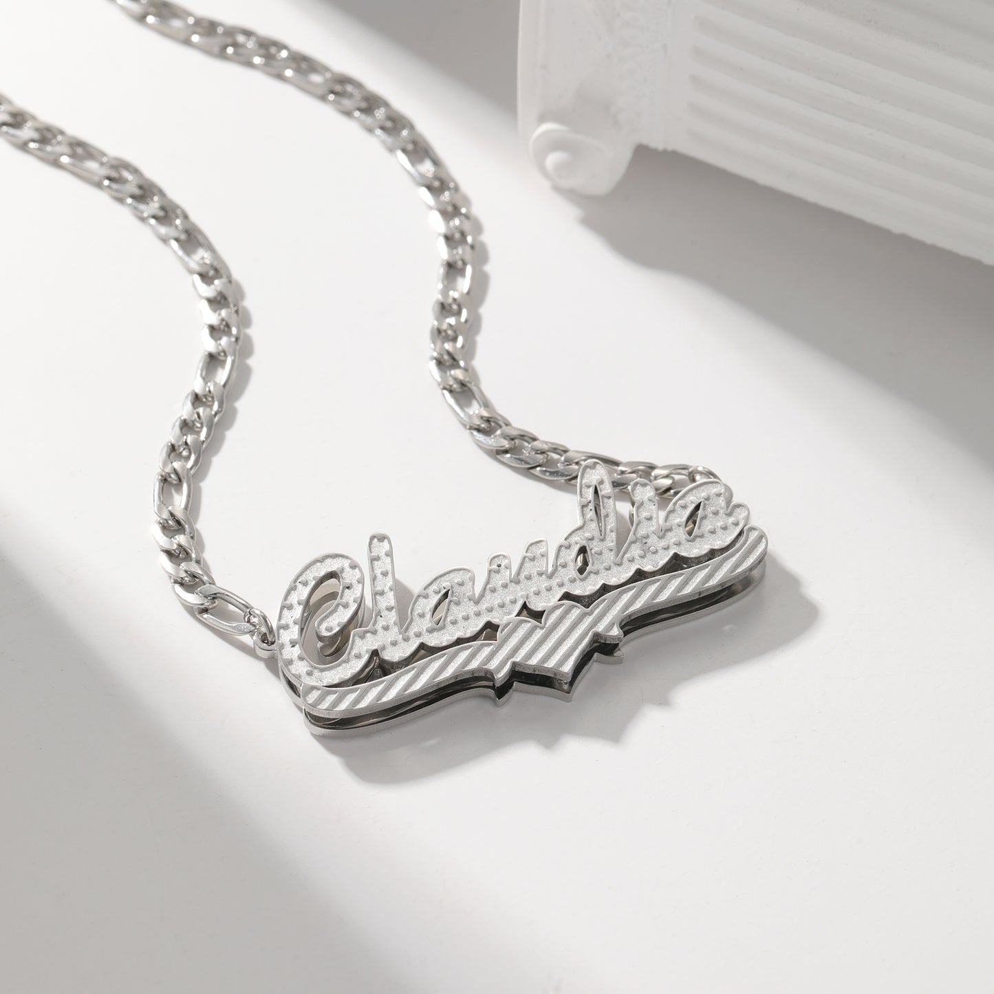 Double Plated Name Necklace w/ Engraved Stripes