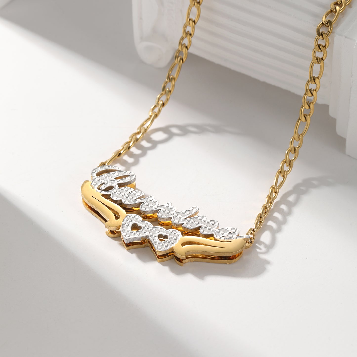 Double Plated Name Necklace with Heart Accents