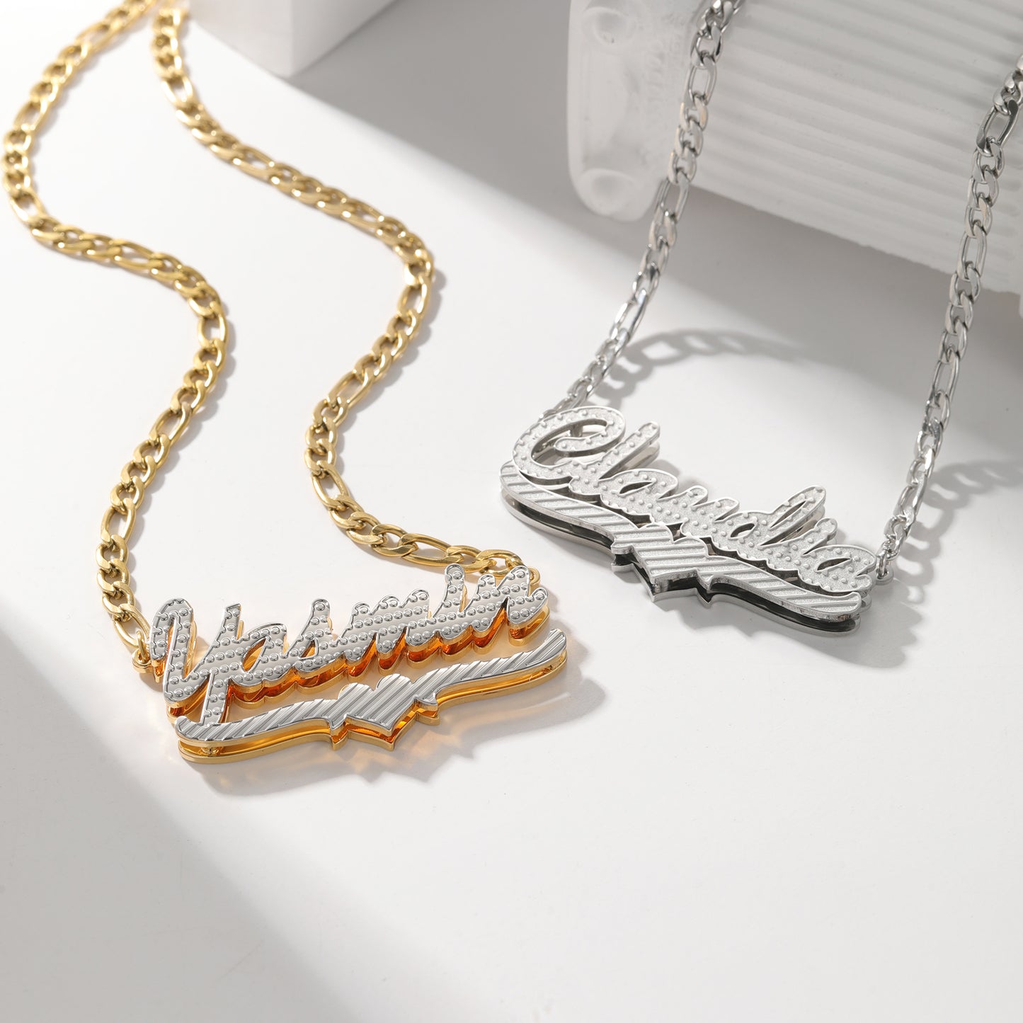 Double Plated Name Necklace w/ Engraved Stripes