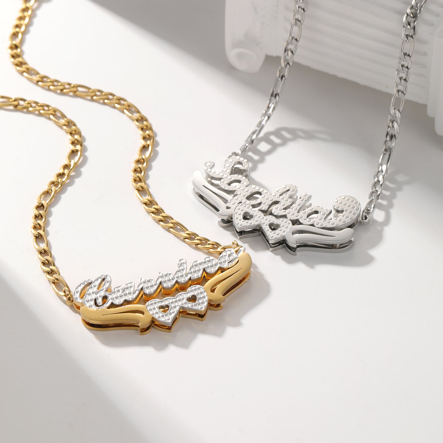 Double Plated Name Necklace with Heart Accents