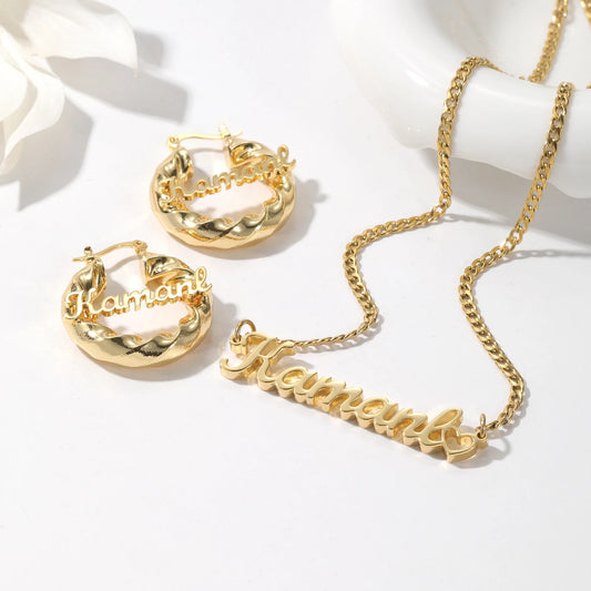 Nameplate Necklace & Twisted Hoop Earrings Set