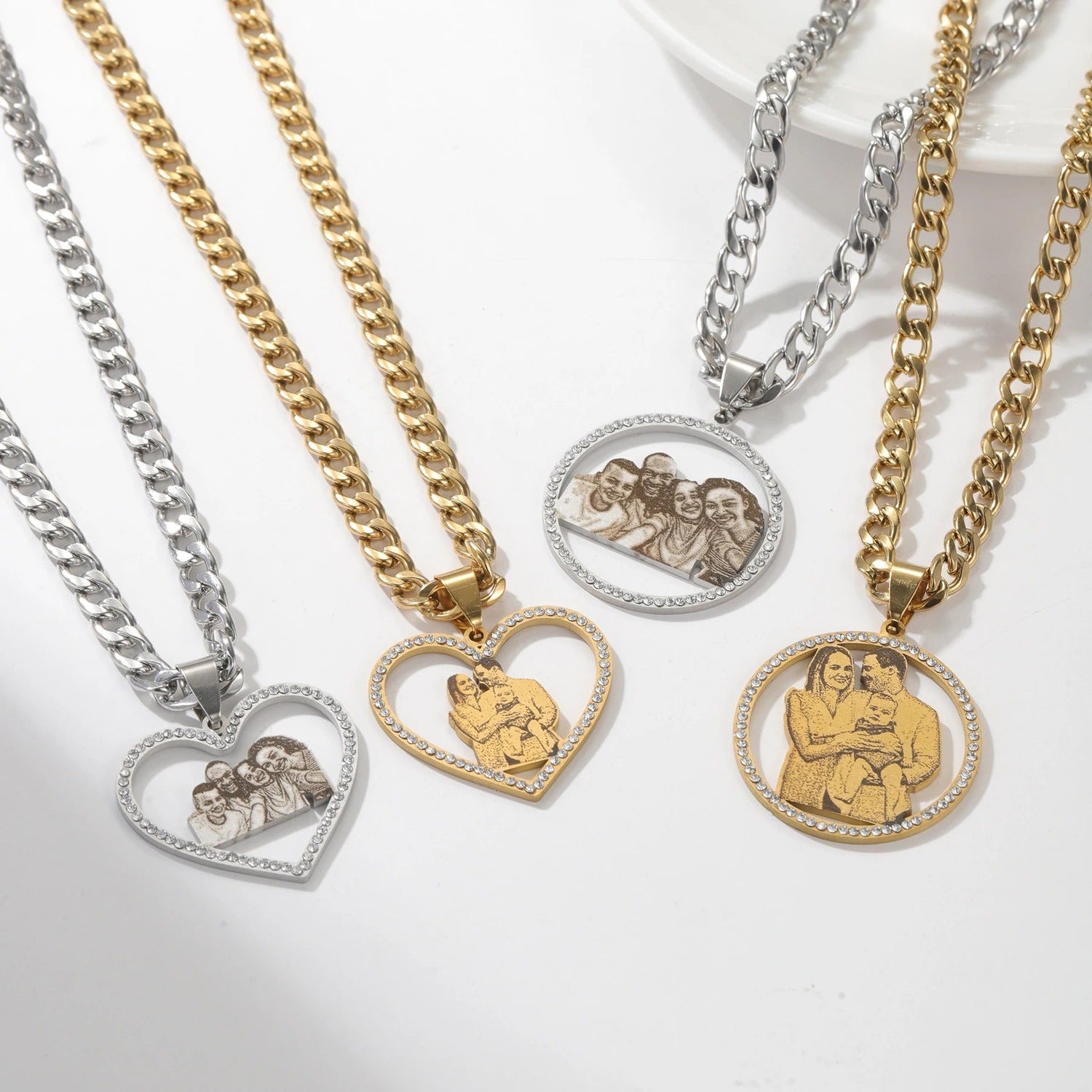 Collection of personalized photo pendants in various styles, showcasing custom photo options for unique keepsakes.