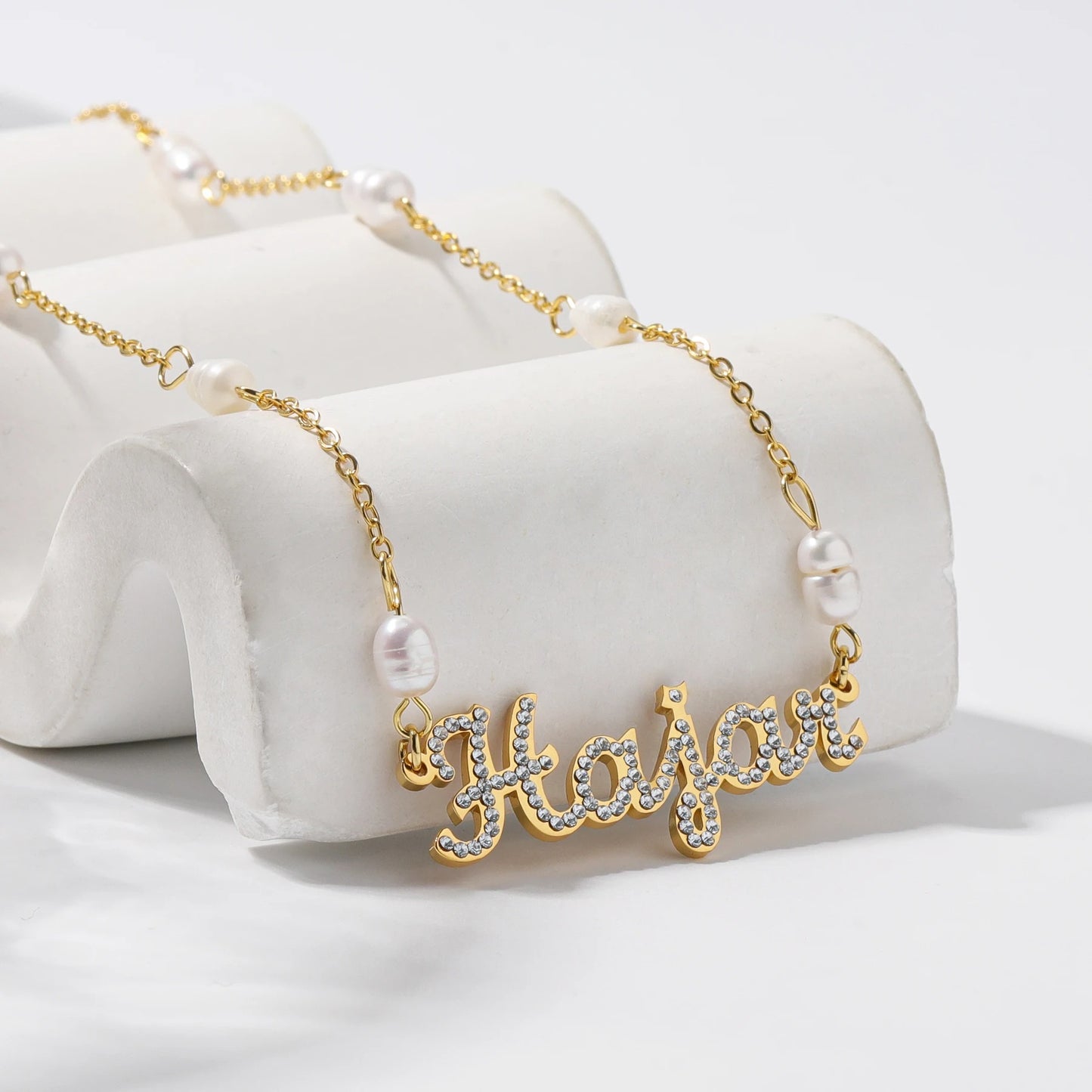 Crystal Name Necklace with Pearl Accented Chain