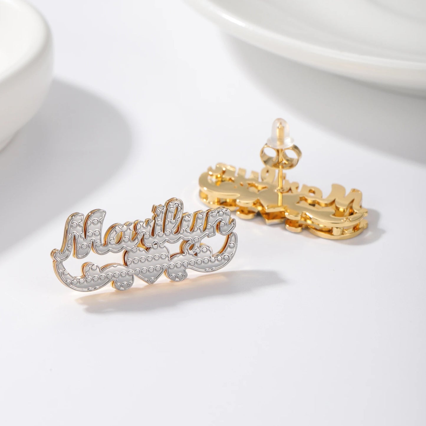 Double Plated Name Stud Earrings with Heart Scroll