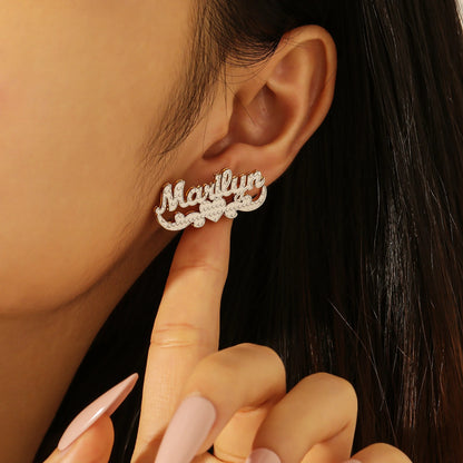 Double Plated Name Stud Earrings with Heart Scroll