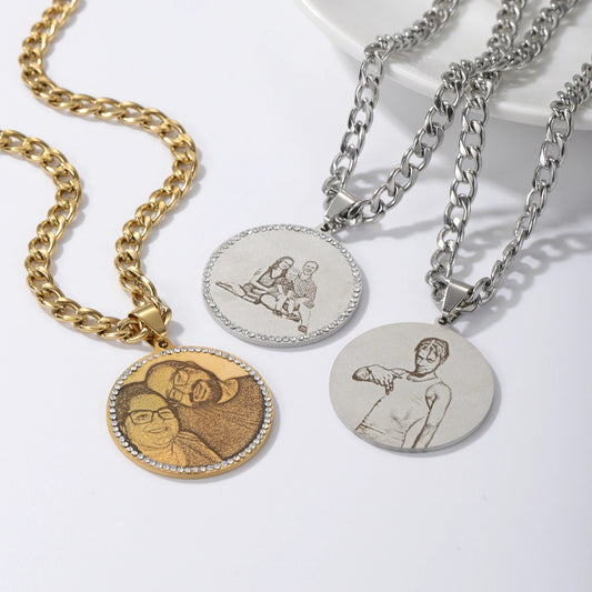 Round Engraved Photo Pendant Necklace