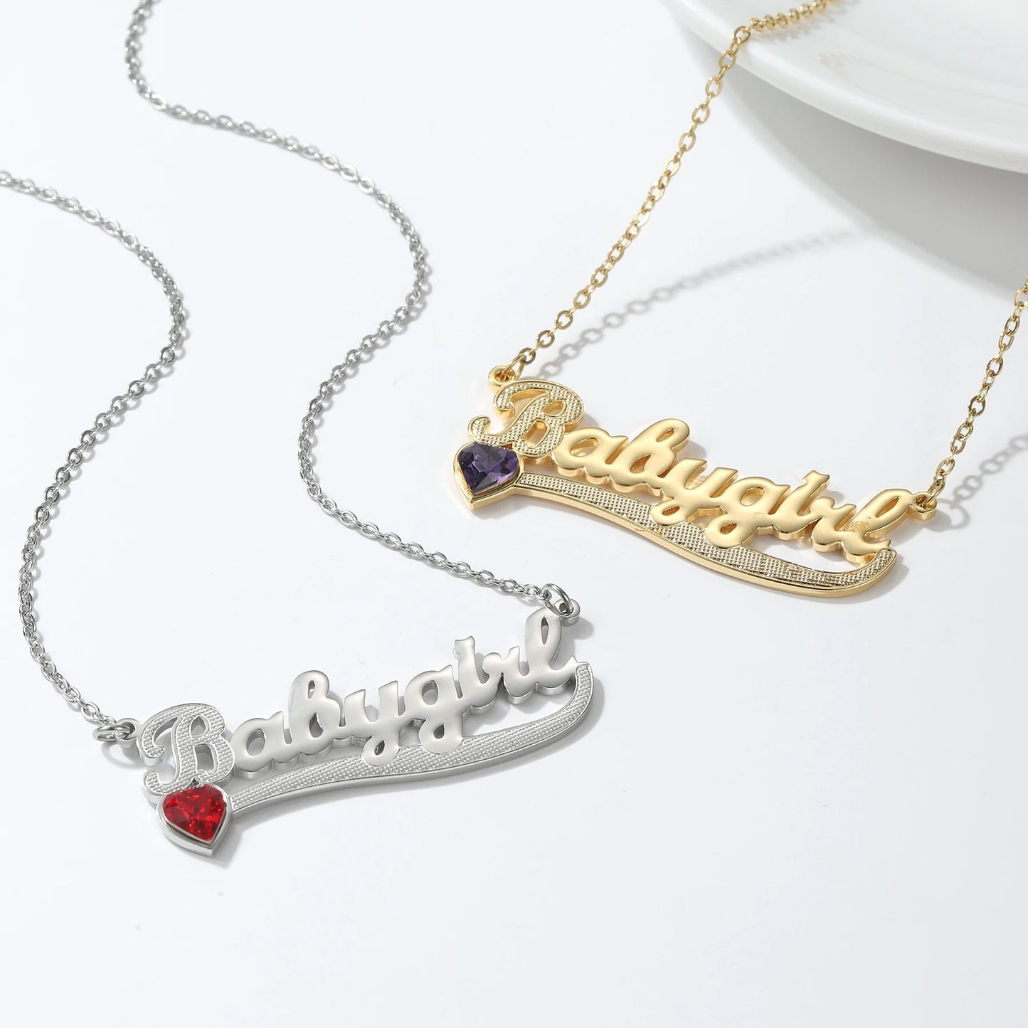 Classic Nameplate Necklace with Heart Birthstone