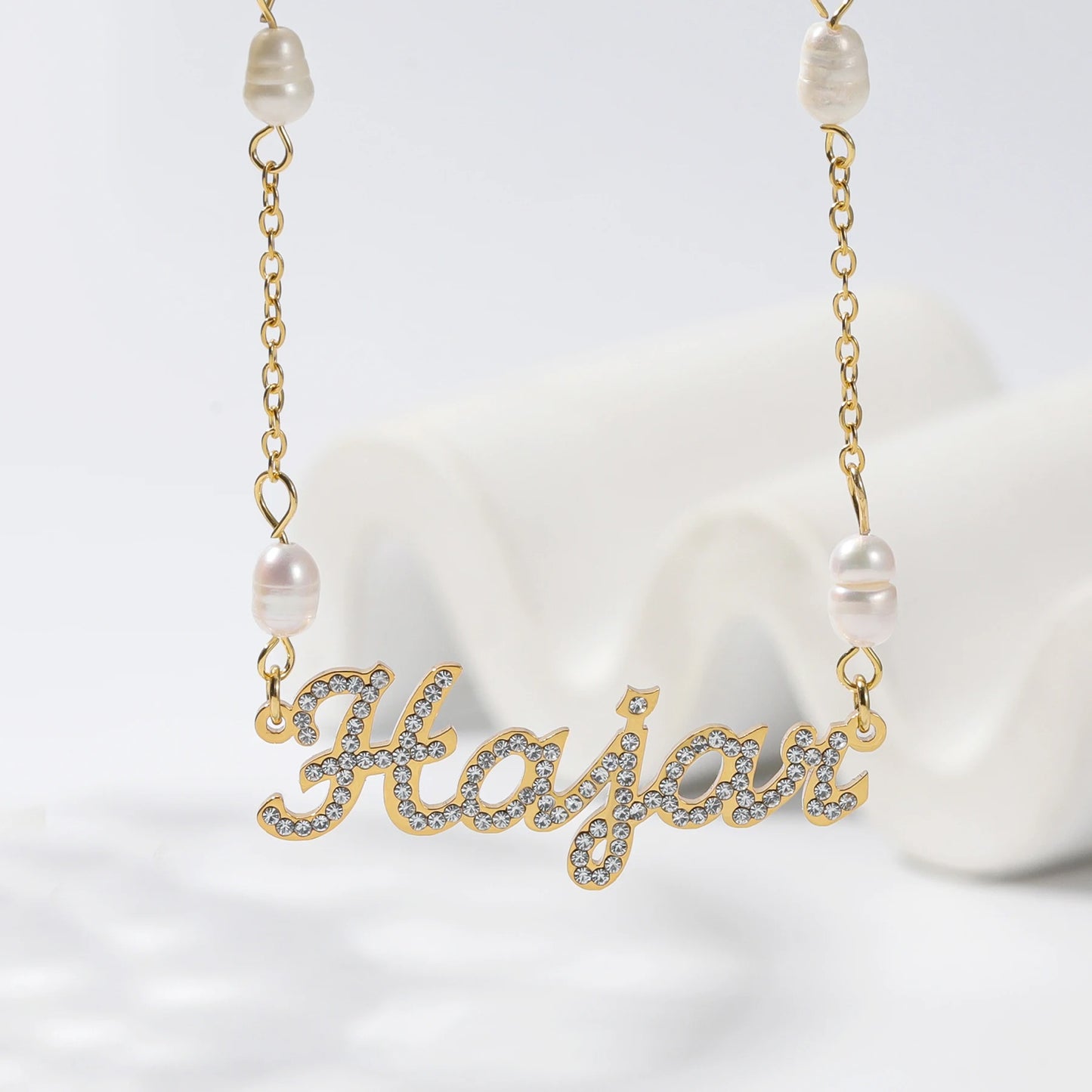 Crystal Name Necklace with Pearl Accented Chain