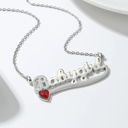 Classic Nameplate Necklace with Heart Birthstone