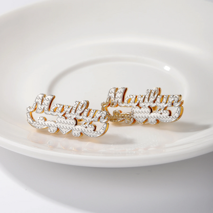 Double Plated Name Stud Earrings with Heart Scroll
