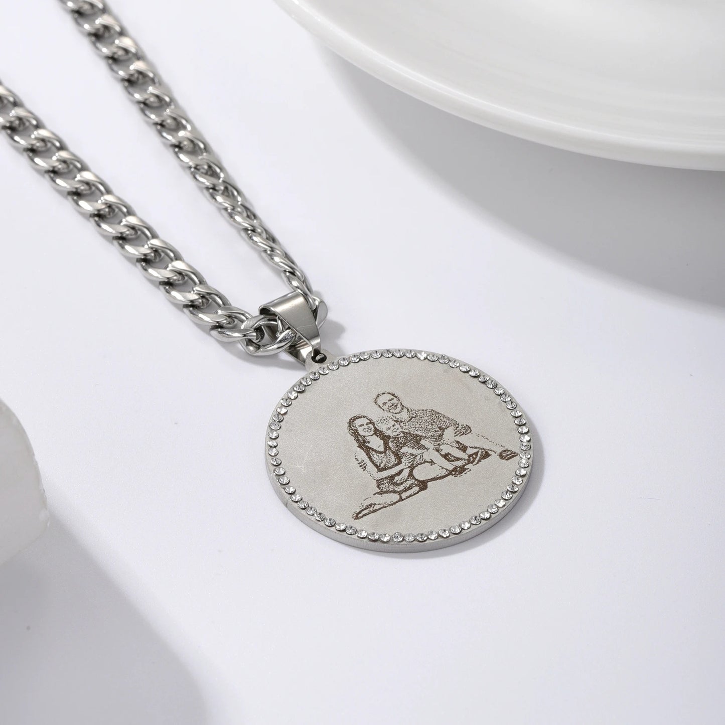 Round Engraved Photo Pendant Necklace