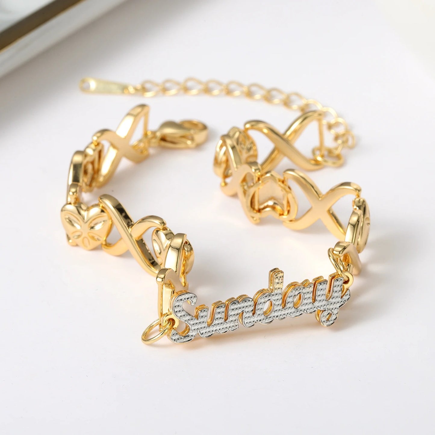 Double Plated Name Bracelet with Specialty XO Heart Chain