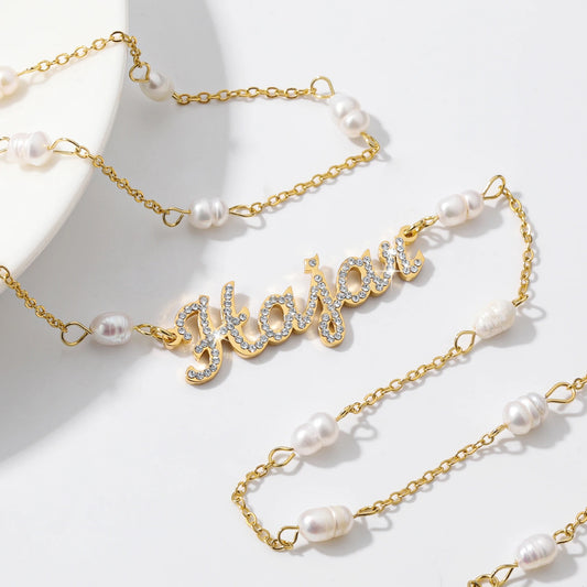 Crystal Name Necklace with Pearl Accented Chain