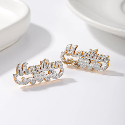 Double Plated Name Stud Earrings with Heart Scroll