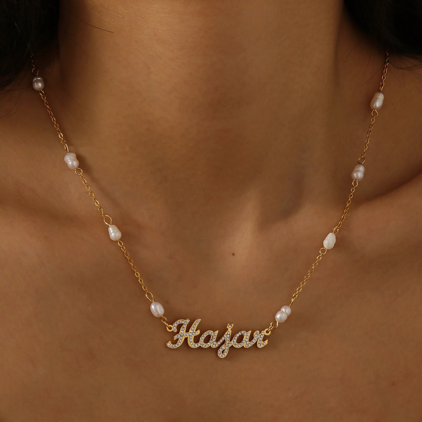 Crystal Name Necklace with Pearl Accented Chain