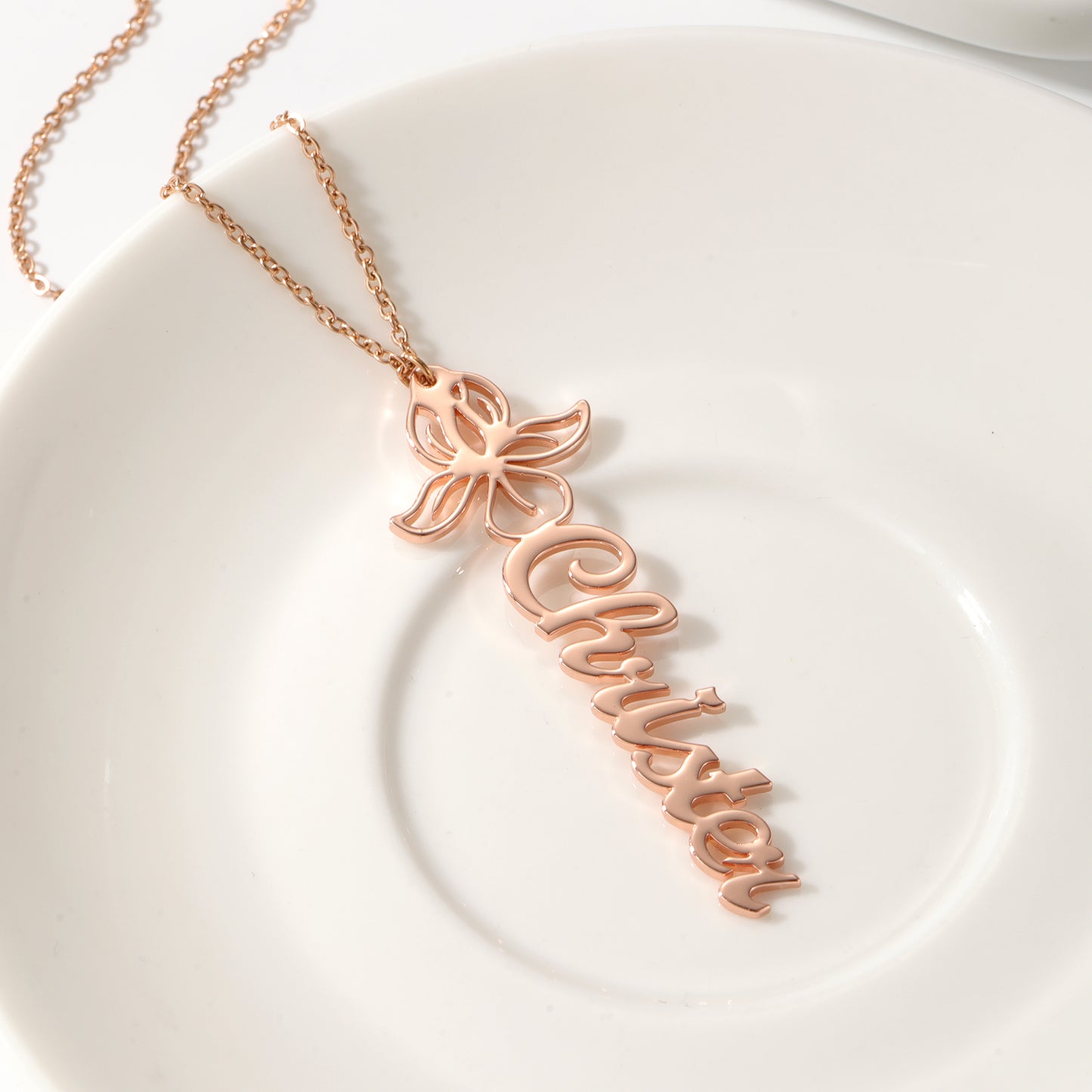 Floral Charm Vertical Name Necklace