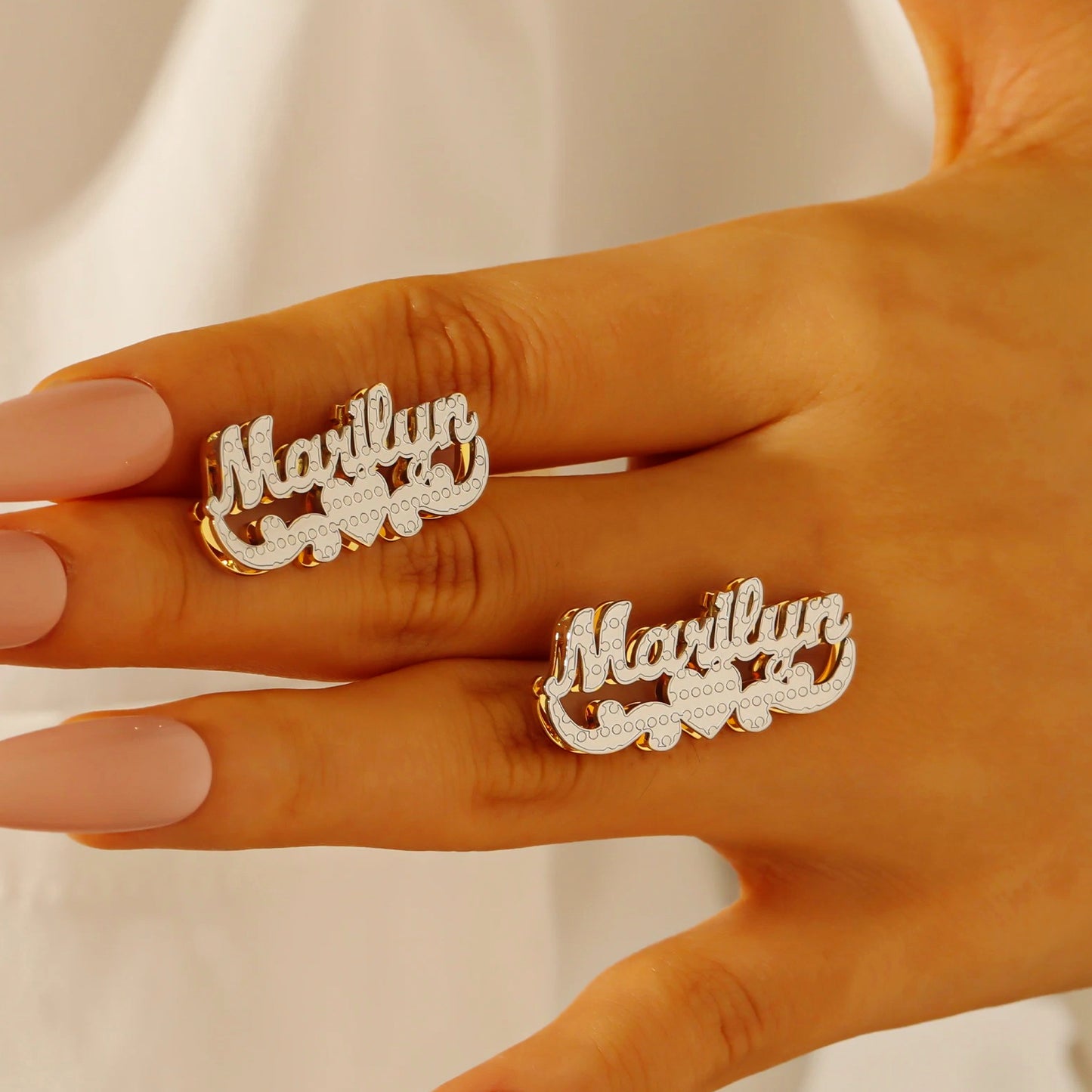 Double Plated Name Stud Earrings with Heart Scroll